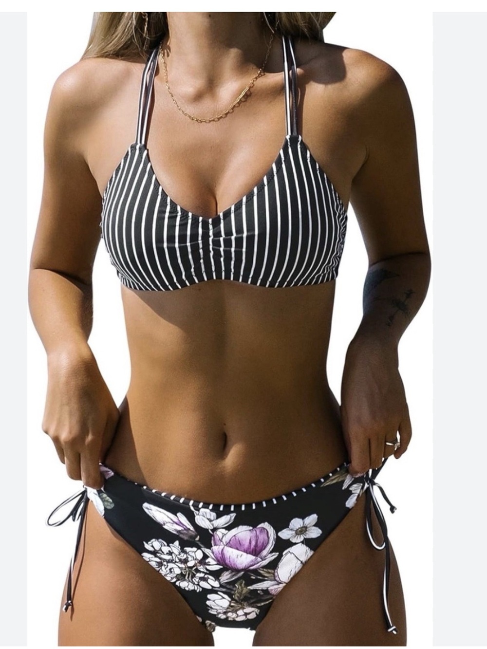 Cupshe Black & White Striped Top with Floral Tie-Side Bikini Bottom